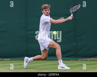 Belgian David Goffin pictured in action during a tennis game against French Humbert in the third round of the men's singles tournament at the 2022 Wimbledon grand slam tennis tournament at the All England Tennis Club, in south-west London, Britain, Friday 01 July 2022. BELGA PHOTO BENOIT DOPPAGNE