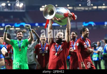 File photo dated 01-06-2019 of Liverpool's Mohamed Salah with the UEFA Champions League trophy in 2019. Liverpool forward Mohamed Salah has signed a new long-term contract, the club have announced. Issue date: Friday July 1, 2022. Stock Photo