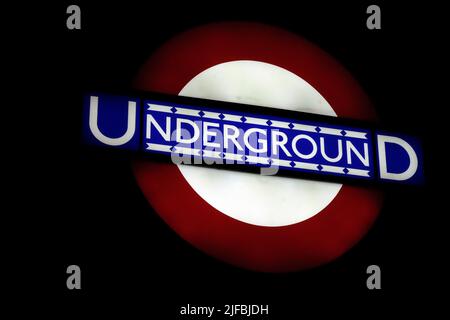 Illuminated sign of the London Underground. Stock Photo