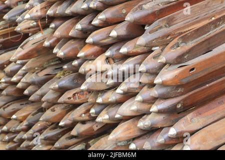 France, Nord, Roubaix, La Manufacture (museum of memory and textile creation) installed in the former premises of the Craye et fils textile company (early 20th century), loom shuttles Stock Photo