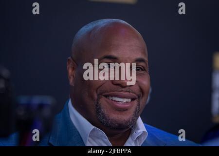 LAS VEGAS, NV - JUNE 30: Daniel Cormier addresses the media at the UFC International Fight Week: Hall Of Fame Inductions Red Carpet on June 30, 2022 in New York, NY, United States. (Photo by Matt Davies/PxImages) Stock Photo