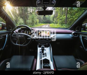 Minsk, Belarus-June 2022: Geely Coolray's car steering wheel and dashboard. Stock Photo