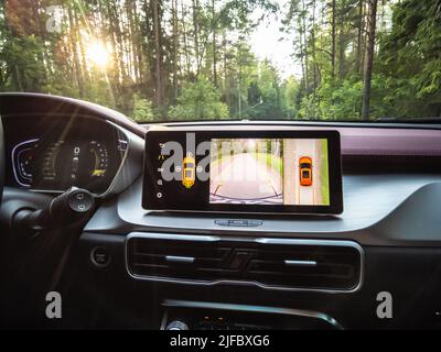 Minsk, Belarus - June 2022: Geely SUV media system screen Geely Coolray car. Stock Photo