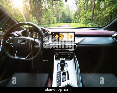 Minsk, Belarus-June 2022: Geely Coolray's car steering wheel and dashboard. Stock Photo