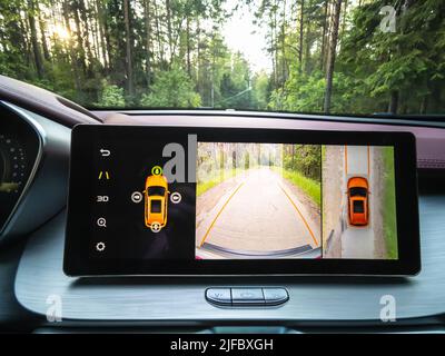 Minsk, Belarus - June 2022: Geely SUV media system screen Geely Coolray car. Stock Photo