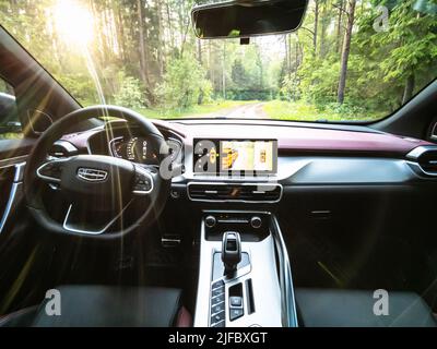 Minsk, Belarus-June 2022: Geely Coolray's car steering wheel and dashboard. Stock Photo