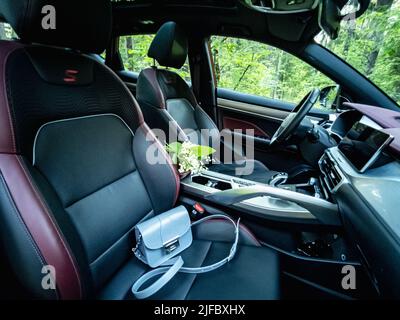 Minsk, Belarus - June 2022: Geely Coolray car interior. Stock Photo