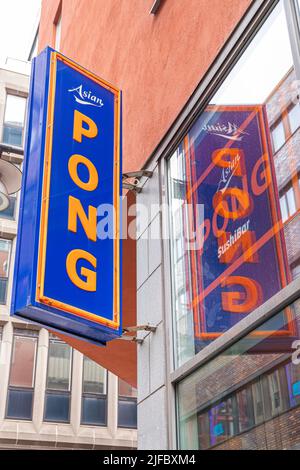 Sign for the Asian Pong sushi bar in Stockholm, Sweden Stock Photo