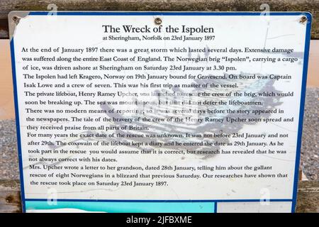 Sheringham, UK - May 16th 2022: An information sign detailing the history of the Wreck of the Ispolen, located on Sheringham beach in the town of Sher Stock Photo