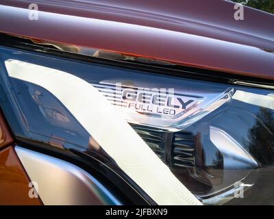 Minsk, Belarus- June 2022: LED headlights Geely Coolray car. Stock Photo