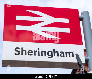Sheringham, UK - May 16th 2022: A sign at Sheringham Railway Station in the seaside town of Sheringham in Norfolk, UK. Stock Photo
