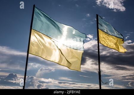 The Ukrainian flag is blowing in the wind against the background of the blue sky. Ukraine is an independent state Stock Photo