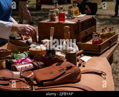 table of a leather worker merchant, leather tanner Stock Photo