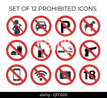Set of 12 prohibited icons. Flat color vector Stock Vector