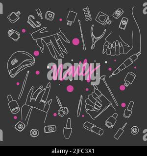 Set of long nails with manicure and pedicure tools, accessories, doodle, dark background Stock Vector