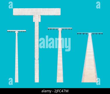 White wooden pier from above at different angles cut out elements, isolated on light blue background Stock Photo