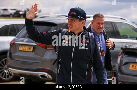 Silverstone, UK. 01st July, 2022. 1st July 2022,  Silverstone Circuit, Silverstone, Northamptonshire, England: British F1 Grand Prix, free practice day: Oracle Red Bull Racing, Max Verstappen waves to the waiting fans Credit: Action Plus Sports Images/Alamy Live News Stock Photo