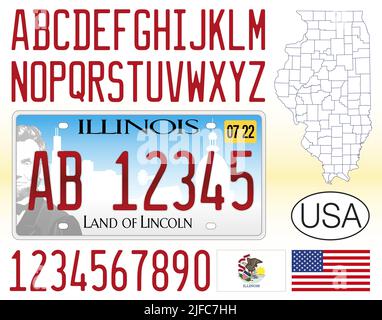 Illinois car license plate, United States, letters, numbers and symbols, vector illustration Stock Vector