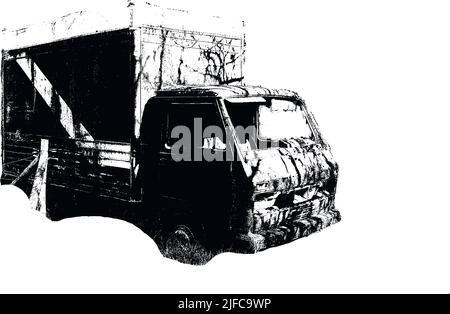 An old rusty cargo car on an isolated white background. Retro car in the forest. Stock Vector