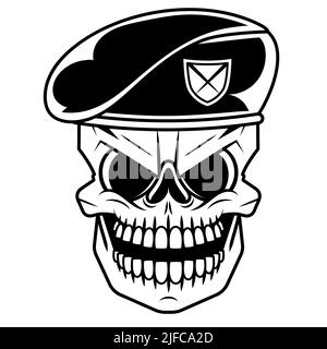 Vintage monochrome soldier skull in beret with cigar and crossed knives isolated vector illustration Stock Vector