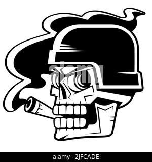 Vintage skull in navy seal beret smoking cigar in smoke cloud with crossed knives isolated vector illustration Stock Vector