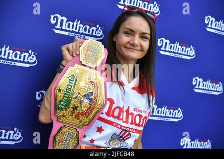 Women's champion Michelle Lesco attends the official weight-in for the Nathan's Famous Fourth of July International Hot Dog-Eating Contest at Hudson Y Stock Photo