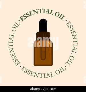 Essential oil bottle symbol with text. Aromatherapy and cosmetic oil icon. Flat vector illustration Stock Vector