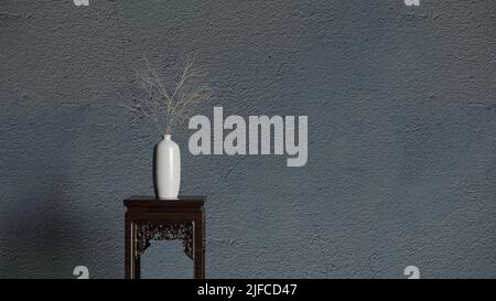 A 3D rendering of a minimalistic background with a plant on a chair Stock Photo