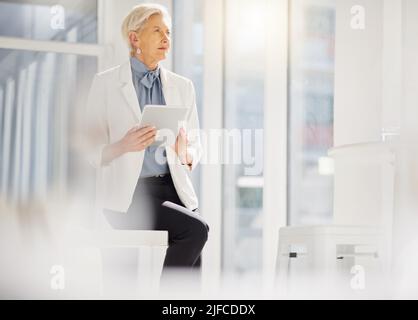One confident thoughtful mature caucasian businesswoman planning on a digital tablet device in an office. Focused entrepreneur and visionary leader Stock Photo
