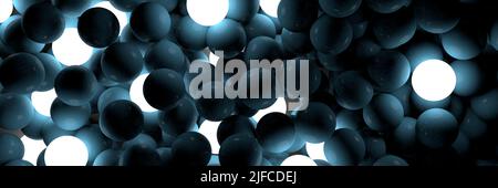 Close-up of dark blue plastic balls with glowing white spheres creating an abstract pattern. Moody light and strong contrast give the full-frame backg Stock Photo