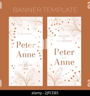 Floral wedding vertical template in doodle style, invitation card design beige and white flowers, leaves and berries. Decorative frame pattern and wre Stock Vector