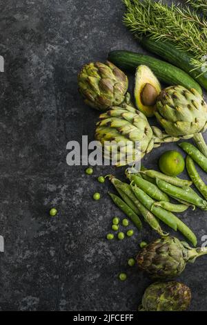 High fibre fresh green vegetables. Healthy vegan diet food high in antioxidants, smart carbs, vitamins, minerals. Sustainable, save the planet, eco fr Stock Photo