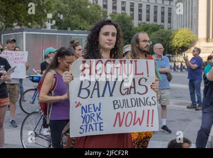 NEW YORK, N.Y. – June 30, 2022: A demonstrator is seen during a climate justice protest in Lower Manhattan. Stock Photo