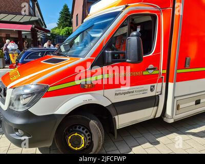 Bordesholm, Germany - 1. July 2022: A German ambulance parked in the center of Bordesholm Stock Photo