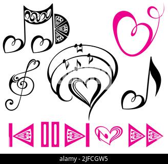 Key notes and notes with floral elementes and hearts elementes, collection of music elements Stock Vector