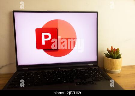 KONSKIE, POLAND - June 30, 2022: Microsoft PowerPoint presentation program logo displayed on laptop computer screen Stock Photo