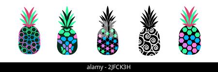 Doodle pineapple set. Modern fruit collection. Isolated illustrations on a white background. Vector illustration. Stock Vector