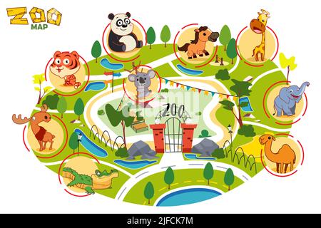 A vector illustration of Zoo Map Cute Cartoon Animals Stock Vector
