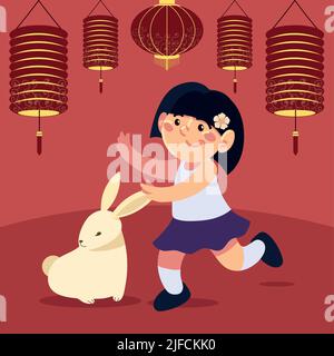 girl and bunny chinese moon festival Stock Vector