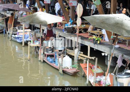 Cooking on the boat at the floating market. Pattaya, Thailand Stock Photo