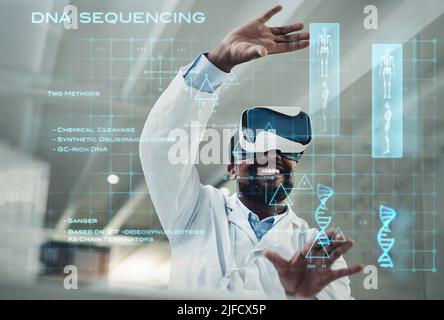Shaping a whole new world through science. Shot of a mature scientist using a virtual reality headset while working in a lab. Stock Photo