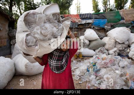 Kashmir, India. 01st July, 2022. (220702) -- SRINAGAR, July 2, 2022 (Xinhua) -- A ragpicker carries a bag containing polythene items in Srinagar, summer capital of Indian-controlled Kashmir, July 1, 2022. The Indian government set up dedicated control rooms and form special enforcement teams to check illegal manufacture, import, stocking, distribution, sale and use of banned single-use plastic (SUP) items. All states and territories in the country have been asked to set up border checkpoints to stop inter-state movement of any banned SUP items, said an official announcement, which reiterated a Stock Photo