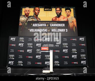 Las Vegas, USA. 01st July, 2022. LAS VEGAS, NV - JULY 1: The stage for weigh-ins stands ready for UFC 276 at the T-Mobile Arena on July 1, 2022 in Las Vegas, Nevada, United States. (Photo by Alejandro Salazar/PxImages) Credit: Px Images/Alamy Live News Stock Photo