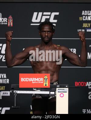 Las Vegas, USA. 01st July, 2022. LAS VEGAS, NV - JULY 1: Jared Cannonier poses on the scale for the official weigh-ins for UFC 276 at the T-Mobile Arena on July 1, 2022 in Las Vegas, Nevada, United States. (Photo by Alejandro Salazar/PxImages) Credit: Px Images/Alamy Live News Stock Photo