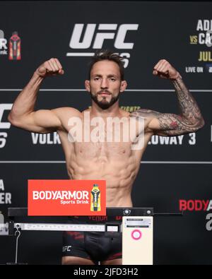 Las Vegas, USA. 01st July, 2022. LAS VEGAS, NV - JULY 1: Brad Riddell poses on the scale for the official weigh-ins for UFC 276 at the T-Mobile Arena on July 1, 2022 in Las Vegas, Nevada, United States. (Photo by Alejandro Salazar/PxImages) Credit: Px Images/Alamy Live News Stock Photo