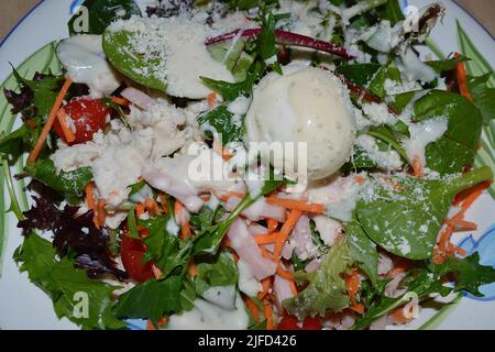 A cobb style salad with chicken, ham and egg sprinkled with creamy cheese dressing and parmesan cheese Stock Photo