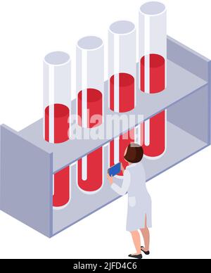 Future technology isometric icon with female character and laboratory tubes with blood 3d vector illustration Stock Vector