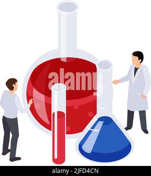 Future technology isometric icon with researchers and laboratory flasks vector illustration Stock Vector