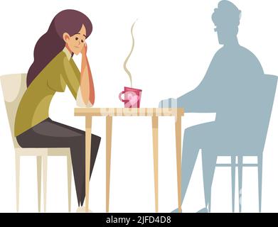 Frustrated lonely woman sitting at table in front of man silhouette cartoon vector illustration Stock Vector