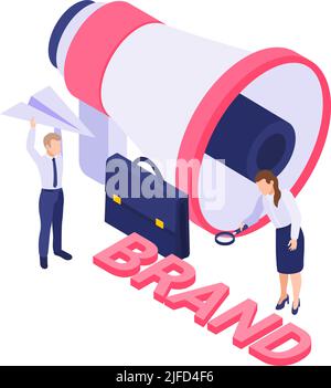 Isometric brand icon with megaphone and people on white background vector illustration Stock Vector